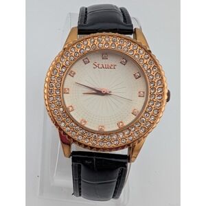 Stauer Sirene Watch Women 38mm Rose‎ Gold Tone Black Leather Band- New Battery